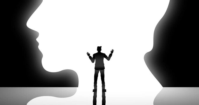 Businessman looking ahead. Freedom success hope ambition concept. Entrance as silhouette of head. Camera pulls away.