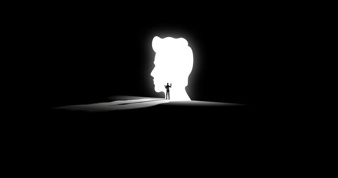 Businessman looking ahead. Freedom success hope ambition concept. Entrance as silhouette of head. Camera driveway.