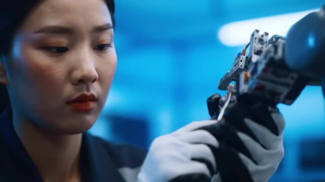 A skilled engineer adjusts intricate components of a robotic device in a high-tech lab. The atmosphere showcases a blend of creativity and precision, emphasizing hands-on work in robotics.