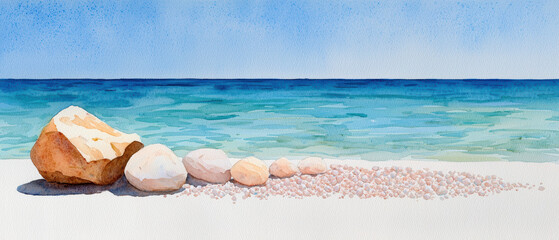 Obraz premium Beach sand crystal watercolor ocean rock tranquil blue�A tranquil beach scene with crystal sand watercolor ocean and smooth
