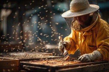 Beekeeper Inspecting Hive Frames Surrounded by Swarming Bees, Wearing Protective Gear and Using Brush to Handle Honeycomb