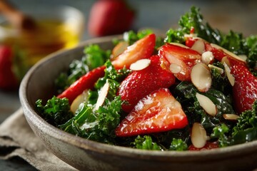 Delicious Kale Salad with Fresh Strawberries and Almonds in Bowl, Perfect for Healthy Meal or Appetizer
