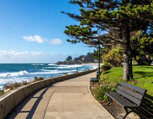 Scenic Coastal Walkway with Benches and Lush Greenery by Ocean