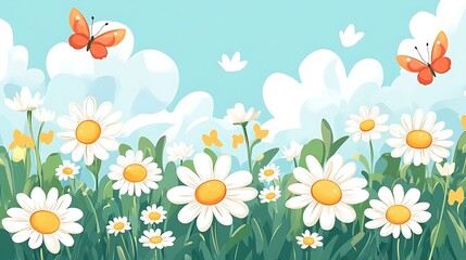 Obraz premium Spring daisies with butterflies, and sky.