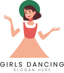 Happy Girl Dancing Elegant Dress Green Hat Studio art pose cute arms flat woman style     