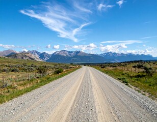 Naklejka premium Scenic Dirt Road Leading Through Mountains Under Blue Sky