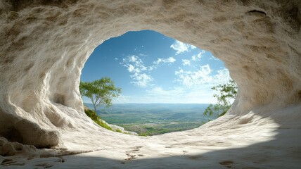 Expansive Landscape View from a Cave Opening cave opening landscape view expansive entrance rock sky
