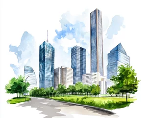Crédence de cuisine en verre imprimé Modern skyscraper cityscape green park blue sky watercolor urban architecture peaceful