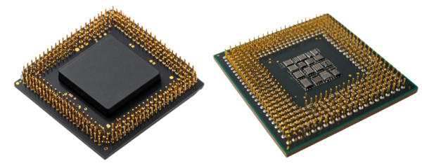  Modern CPU Chip Component with Gold Connectors, Tech Hardware Element Isolated on Transparent Background PNG