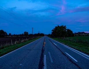 Serene Night Road Under Blue Sky with Colorful Clouds at Dusk