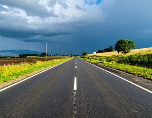 Fototapeta premium Empty Road Through Green Fields Under Dramatic Cloudy Sky