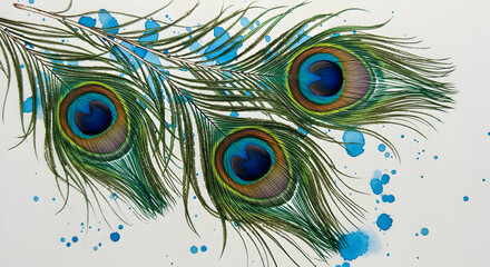 Obraz premium Peacock Feathers Art with Blue Paint Splatters on White