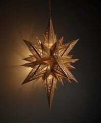 Ornate golden star shaped light fixture, hanging in darkness,  texture,  celebration,  background