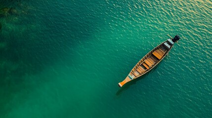 A longtail boat floating on emerald waters in Thailand