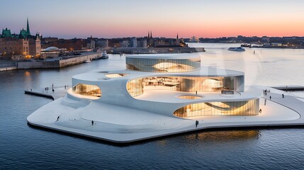 Modern, floating architectural marvel on a tranquil body of water at sunset