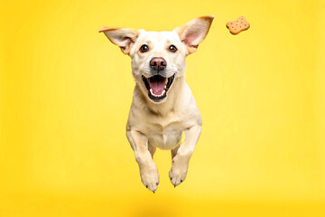 Happy excited dog jumping for a biscuit against a vibrant yellow background