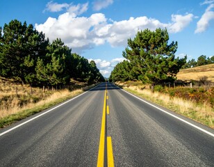 Naklejka premium Empty Country Road Surrounded by Green Trees Under Blue Sky