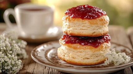 Stacked biscuits with jam on a rustic plate.