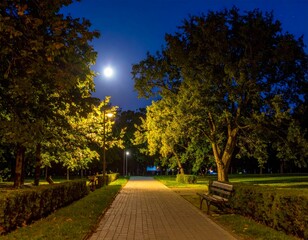 Serene Night Landscape with Moonlight and Park Pathway