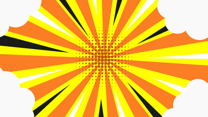 Dynamic yellow and red comic book style burst background with halftone dots and radial lines. Perfect for pop art posters, action-themed designs, and retro comic effects.