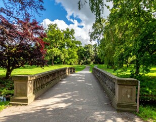 Obraz premium Scenic Bridge Surrounded by Lush Greenery in a Park Setting