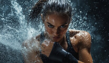 Fototapeta premium A woman is in the middle of a boxing match, with her fist raised in the air