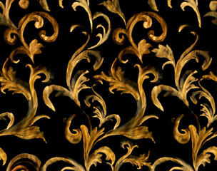 Seamless watercolor golden baroque pattern. Hand draw motif pattern.