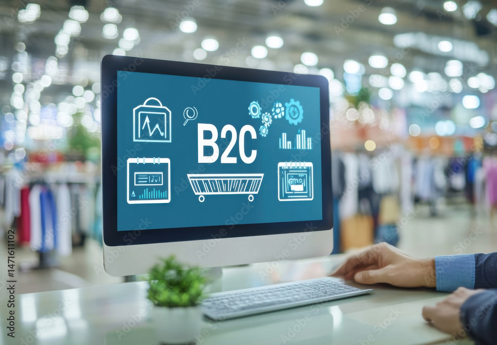 Poster Business-to-consumer (B2C) e-commerce strategy displayed on a desktop computer screen in a modern retail store setting. : Generative AI