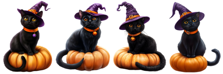 Set of black cats in halloween costumes sitting on pumpkins with witch hats, isolated on transparent background
