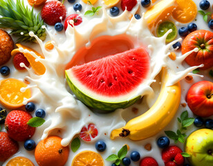 Bright fruit display with a splatter of purple liquid