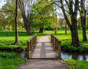 Peaceful Wooden Bridge Over Stream in Tranquil Green Park Setting
