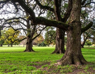 Obraz premium Majestic Trees with Textured Bark in a Lush Green Field