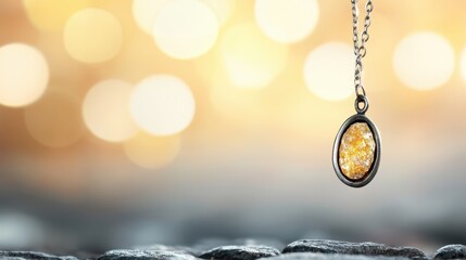 Fototapeta premium A delicate gold pendant necklace hangs with a soft bokeh light background, creating an elegant and warm atmosphere.