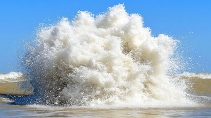 Fototapeta premium A massive, frothy ocean wave explodes against a clear blue sky