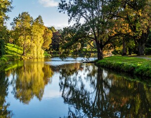 Serene Riverbank Reflection with Colorful Autumn Foliage