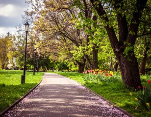 Obraz premium Serene Park Pathway Surrounded by Blooming Trees and Colorful Flowers