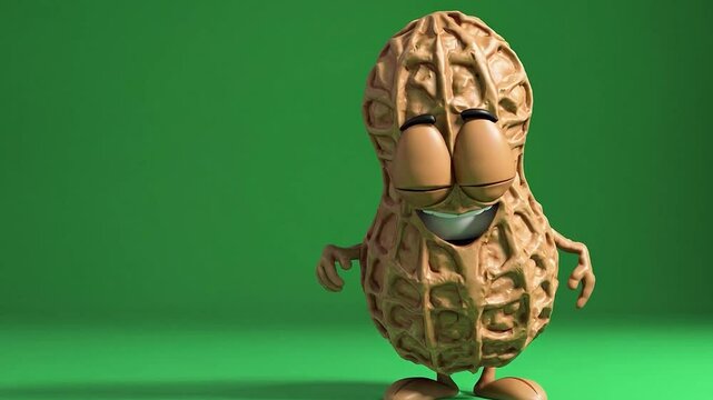 Cheerful Cartoon Peanut Character with Big Eyes and Friendly Smile on Green Background
