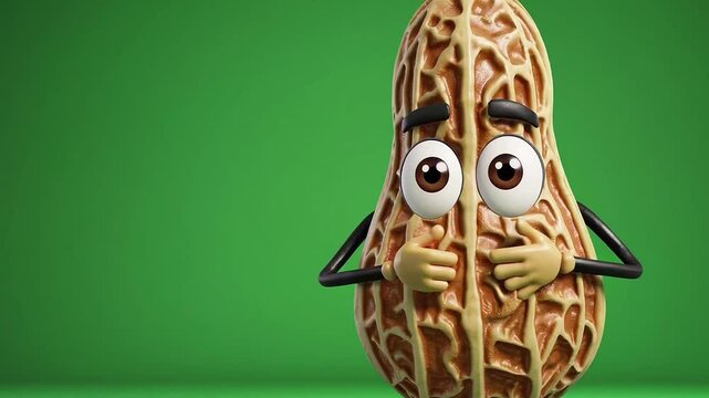 Happy Cartoon Peanut Character with Hands on a Bright Green Background