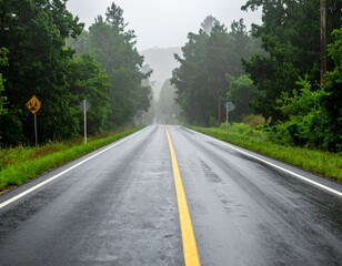 Serene Wet Road Surrounded by Green Trees in Misty Weather