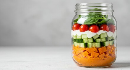 Layered healthy salad in a glass jar.
