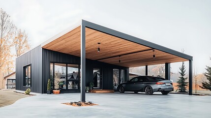 Modern home exterior with carport