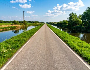 Scenic View of Empty Road with Water Canals and Blue Sky