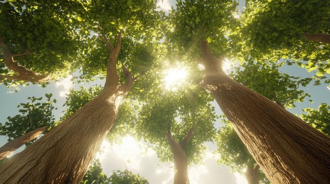 Sunlit forest canopy view from below, showcasing tall trees and vibrant green leaves