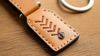 Handstitched Concept, Close-Up of Handstitched Leather Keychain with Unique Design and Quality Finishing on a Wooden Surface