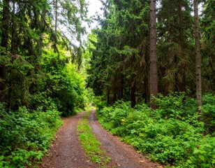 Fototapeta premium Serene Forest Pathway Surrounded by Lush Greenery and Tall Trees