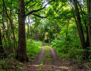 Obraz premium Peaceful Forest Pathway Surrounded by Lush Green Vegetation