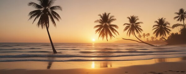 Golden hour light bathes a tranquil beach, palm silhouettes against a hazy sky, aged film effect ,  palm silhouette,  tropical
