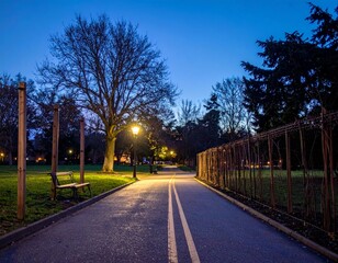 Fototapeta premium Serene Park Pathway Under Soft Evening Light at Dusk