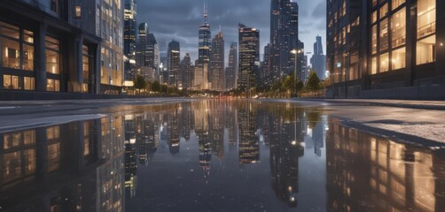 Modern city skyline reflected on poster on sidewalk, sidewalk, advertising, building