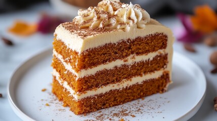 Delicious pumpkin spice layer cake slice on a plate.